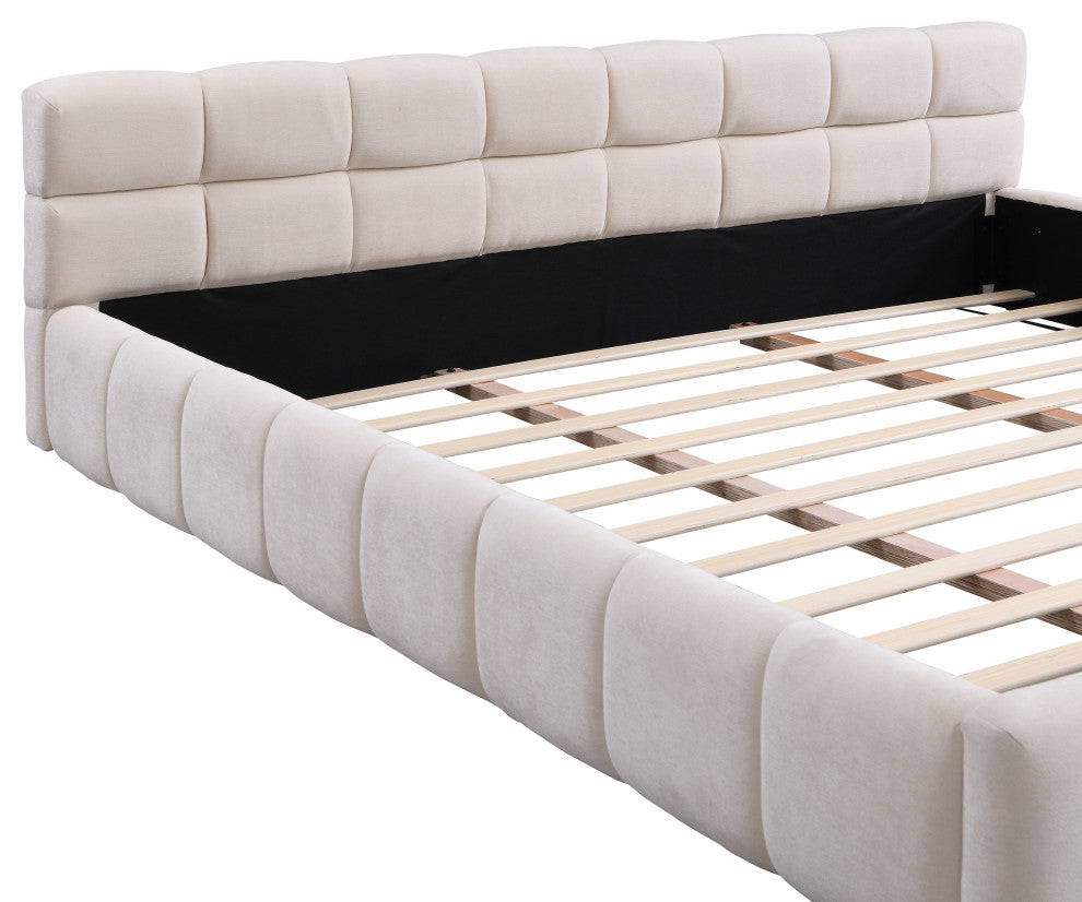 Alice Chenille Upholstered Platform Bed With Checkerboard Design, Beige, King
