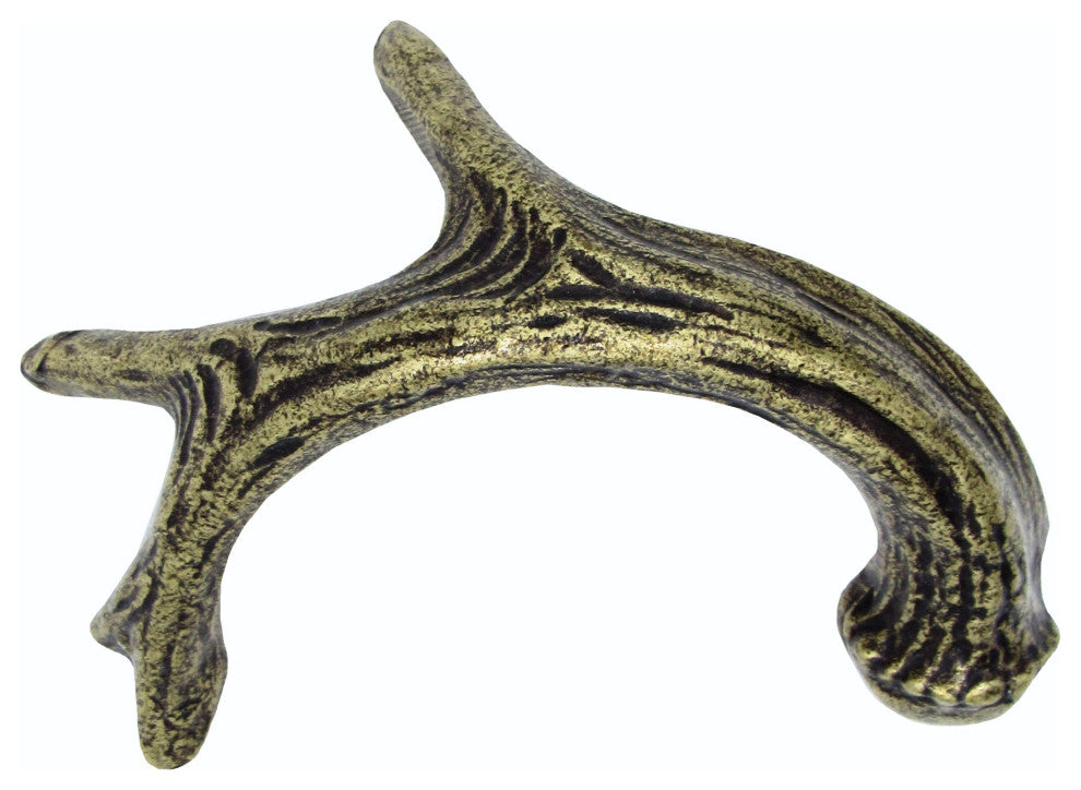 Antler Left Facing Cabinet Pull, Antique Brass