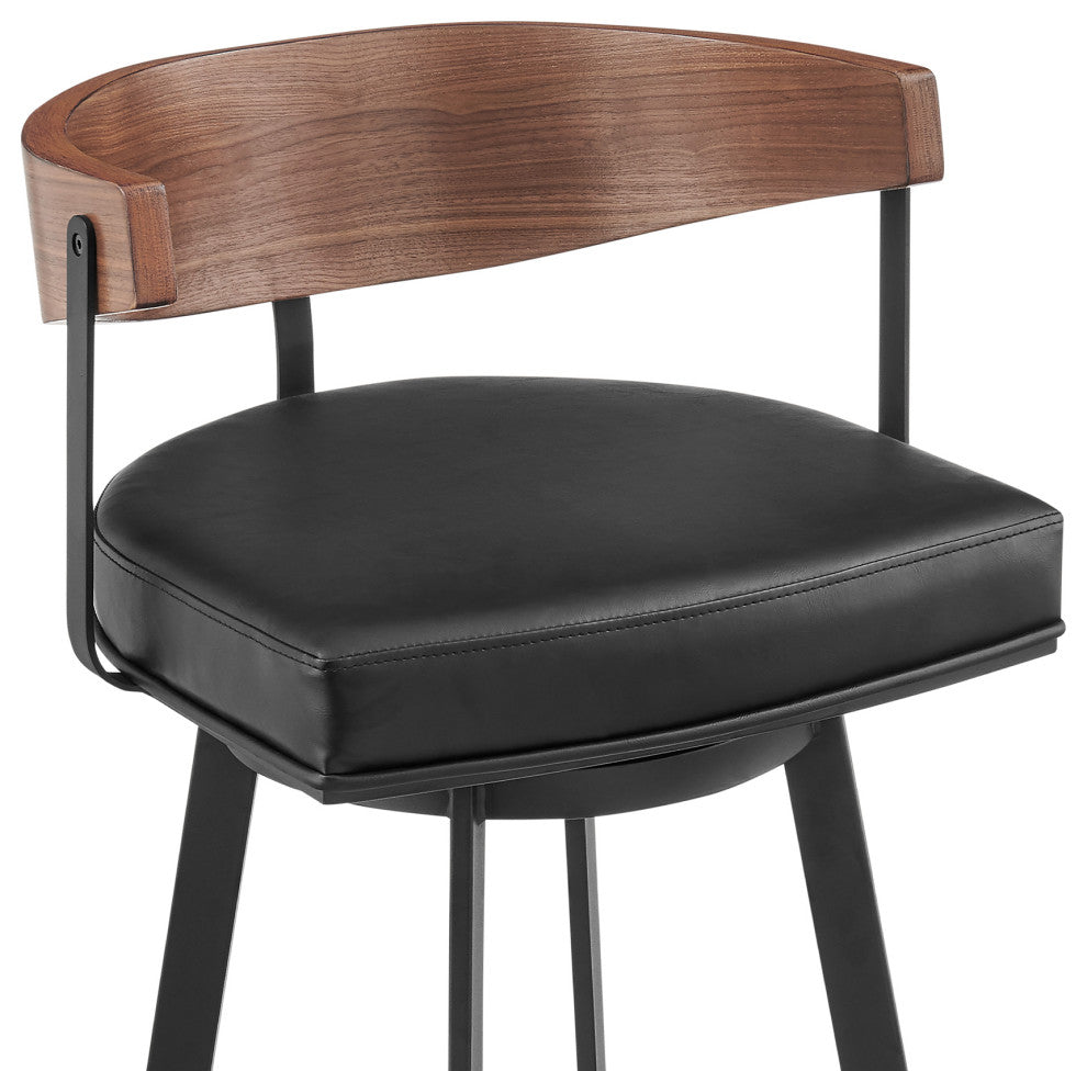Lacey Swivel Stool, Black/Walnut Finish & Black Faux Leather, Bar, 30"