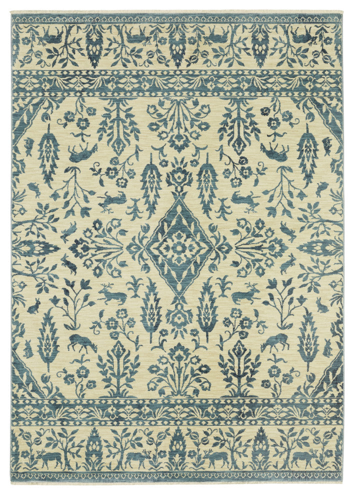 Fabienne Bordered Botanical Indoor Ivory/Blue Area Rug, Ivory, 3'3"x5'