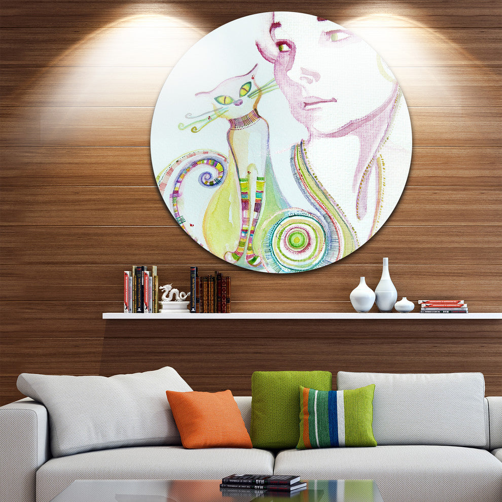 Cute Girl With Cat, Portrait Painting Large Disc Metal Wall Art, 23"