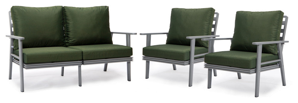 LeisureMod Walbrooke 3-Piece Patio Set With Gray Aluminum Frame and Cushions, Green