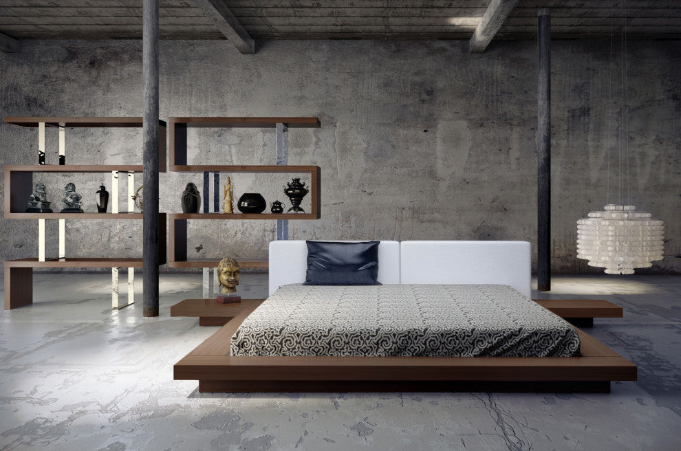 Akanji Bed White Eco Leather and Walnut / King