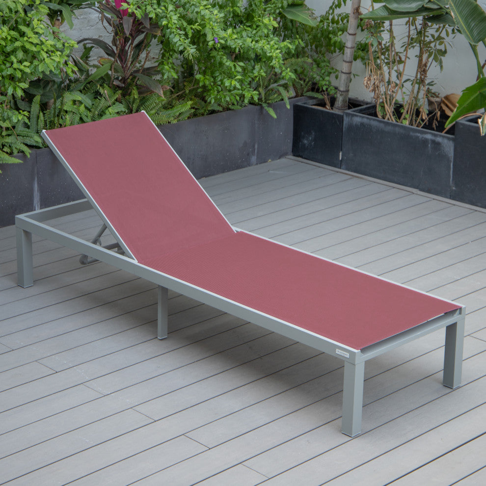 LeisureMod Marlin Patio Chaise Lounge Chair With Gray Frame, Burgundy