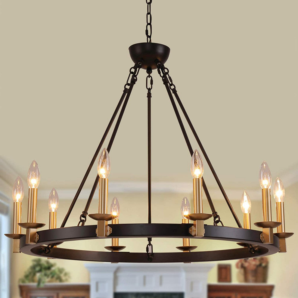 Vintage Wagon Wheel Chandelier Rust Farmhouse Pendant With Black and Gold Finish