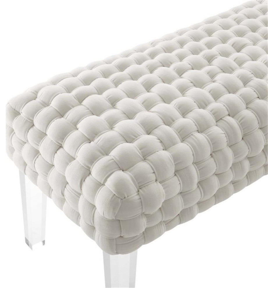 Prologue Woven Performance Velvet Ottoman, White