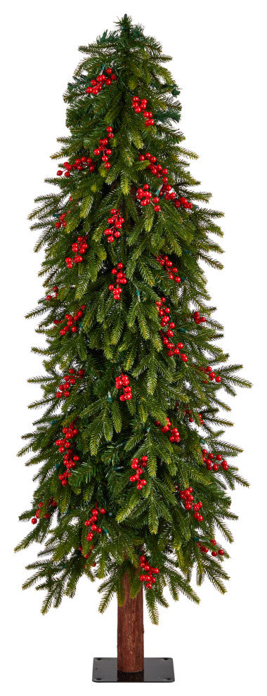 5' Victoria Fir Faux Xmas Tree W/200 Multi-Color, Multifunction Lights, Berries