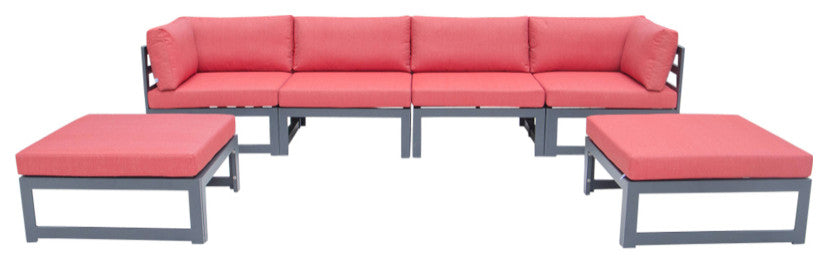 LeisureMod Chelsea 6-Piece Patio Ottoman Sectional Black Aluminum, Red