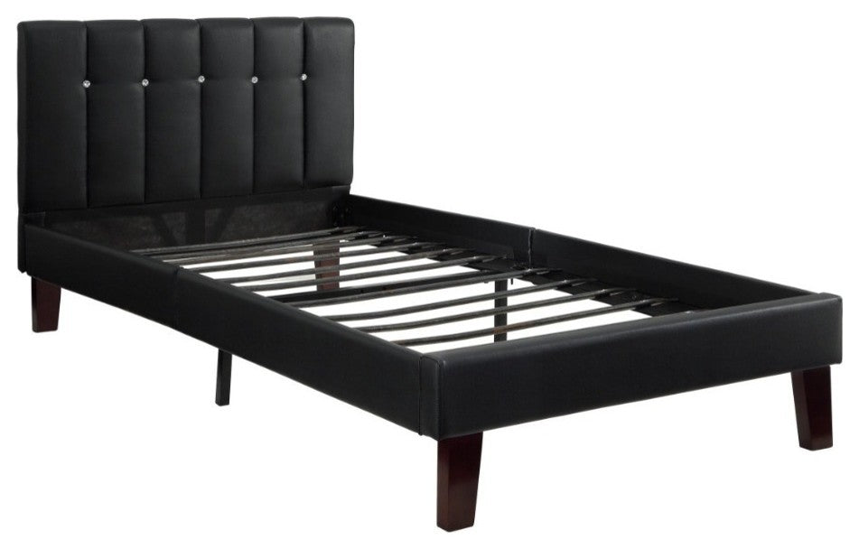 Wooden Full Bed With Black PU Tufted Head Board, Black Finish
