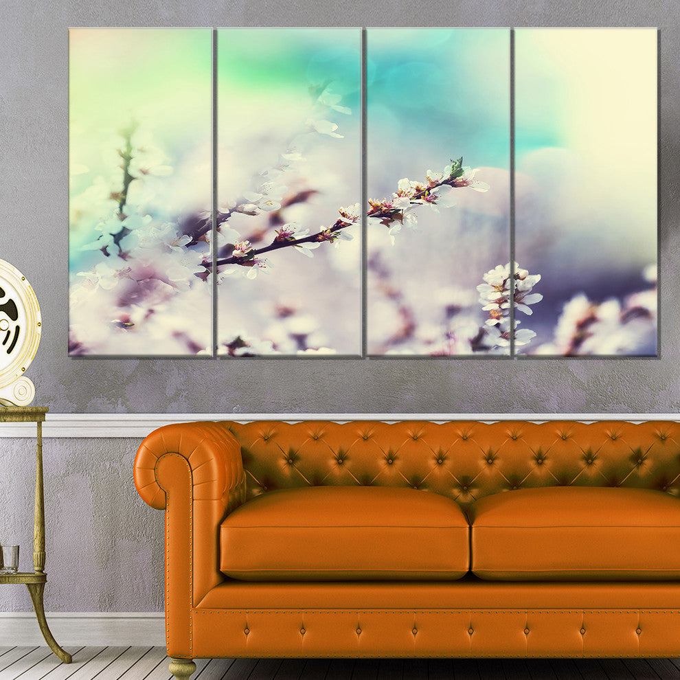 White Cherry Blossoming Flowers, Floral Canvas Art Print, 48"x28", 4 Panels