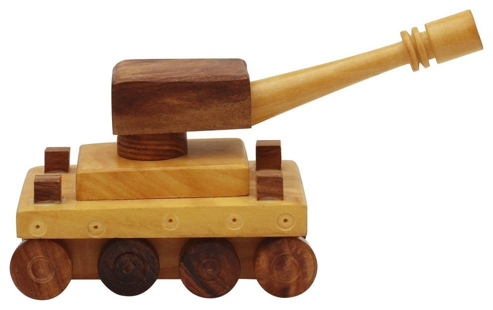 Handmade Wooden Tank Toy With Movable Wheels And Turret, Brown