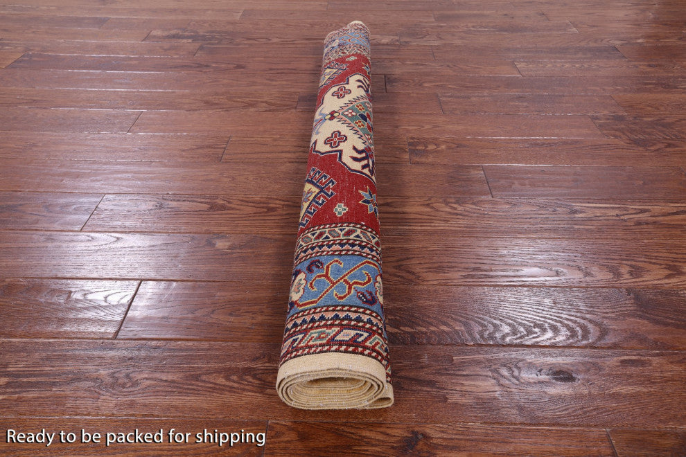 4' 2" X 5' 11" Super Kazak Hand Knotted Geometric Rug Q10624