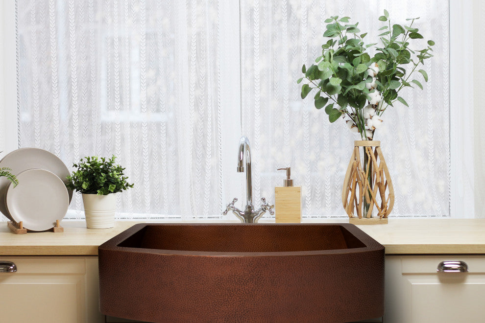 33" Farmhouse Single Bowl Round Apron Hammered Copper Kitchen Sink, 16 Gauge