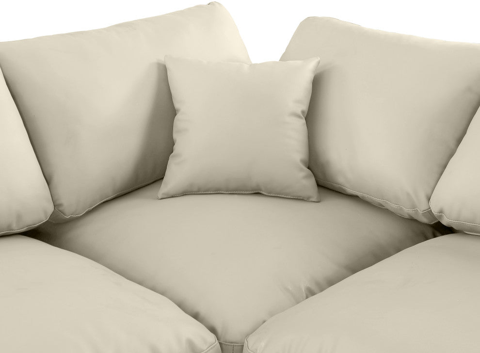 Comfy Upholstered L-Shaped Modular Sectional, Cream, 6-Piece: 3 Armless Chair, 1 Corner Chair, 2 Ottoman, Vegan Leather