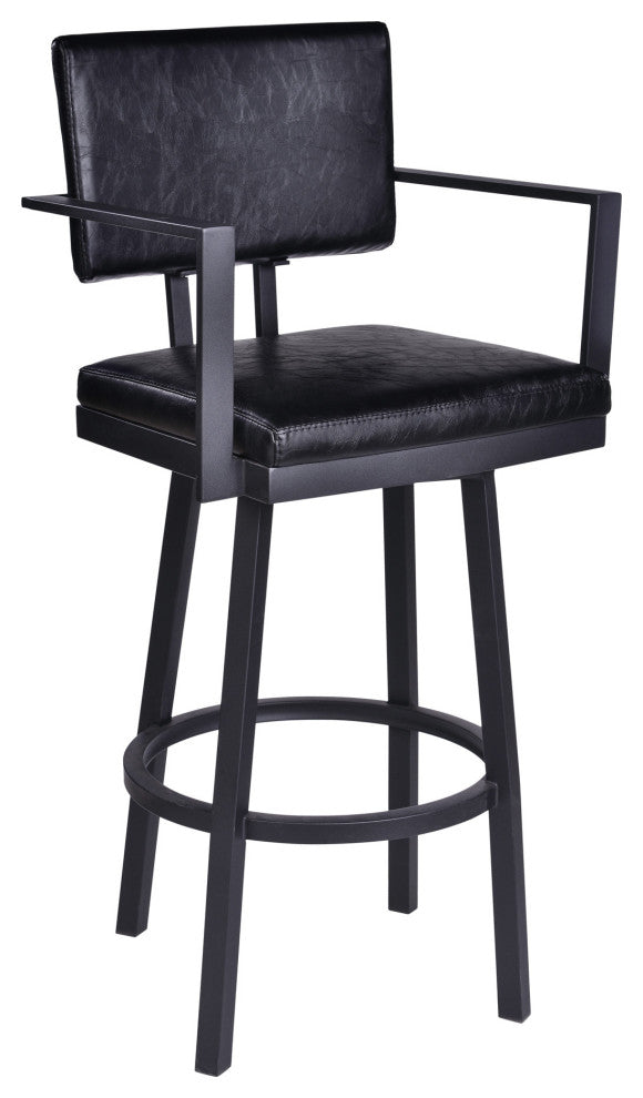 26" Vintage Black on Black Faux Leather Rectangular Swivel Barstool