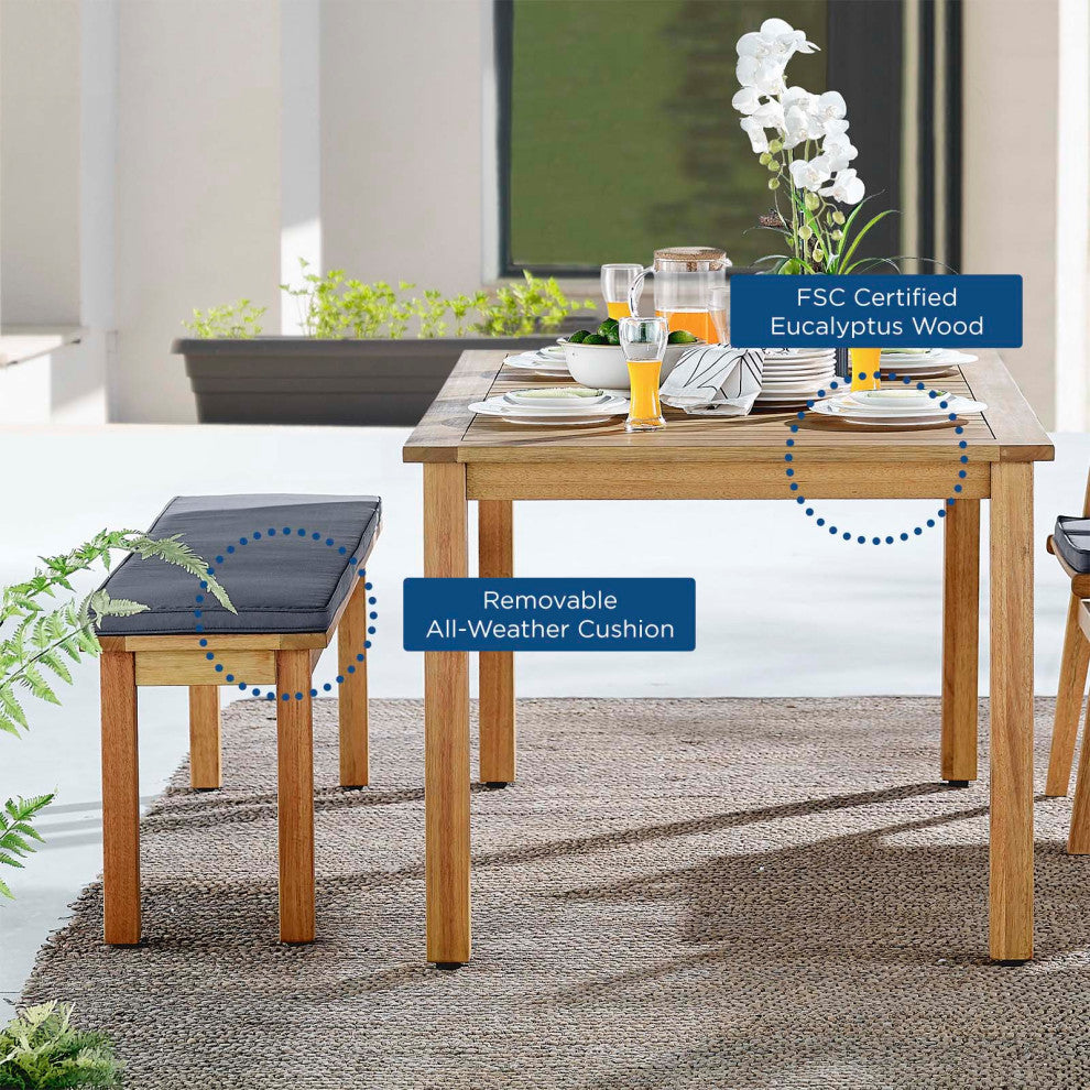 Side Dining Bench Chair and Table Set, Rectangular, Wood, Natural Gray, Outdoor
