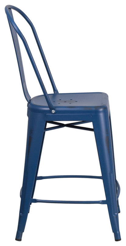 Brimmes 24" Metal Counter Stool, Antique Blue With Curved Vertical Slat