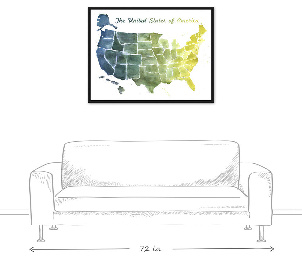 United States Blue and Green Watercolor Map 30x40 Black Floating Framed Canvas