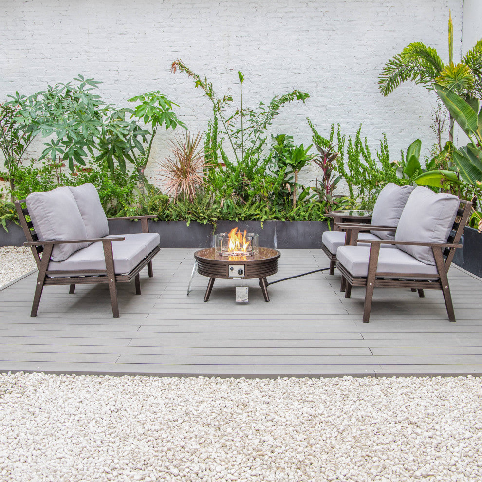 LeisureMod Walbrooke Patio Conversation Set With Fire Pit Table, Grey
