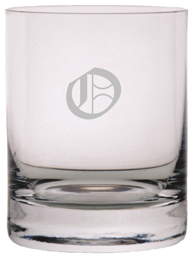 Old English Etched Monogram 11oz. Stolzle New York Crystal Rocks Glass, Letter O