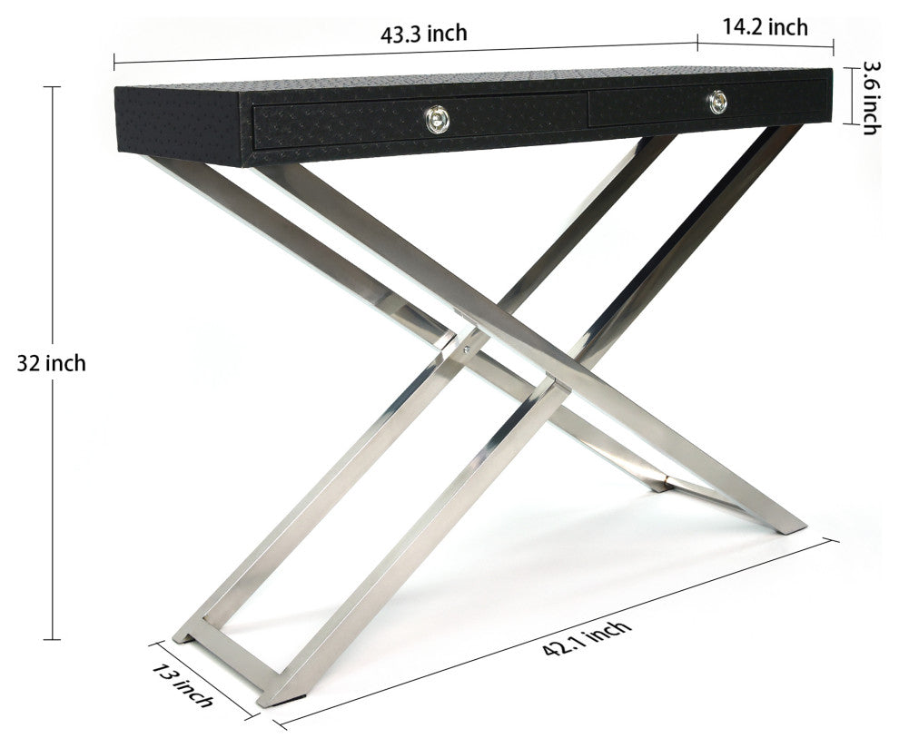 Black Ostrich Leather Console Table With Stainless Steel Legs