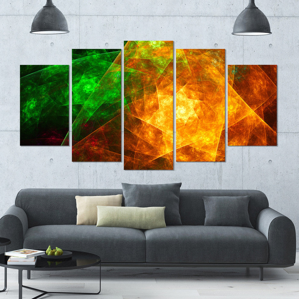 Yellow Rotating Polyhedron, Contemporary Canvas Art Print, 60"x32", 5 Panels