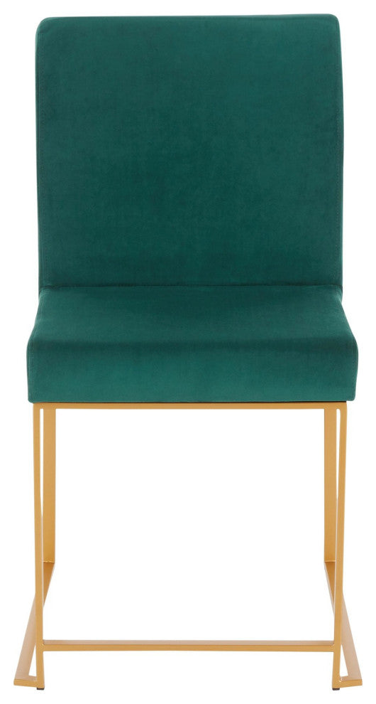 High Back Fuji Dining Chair, Set of 2, Gold Metal, Green  Velvet