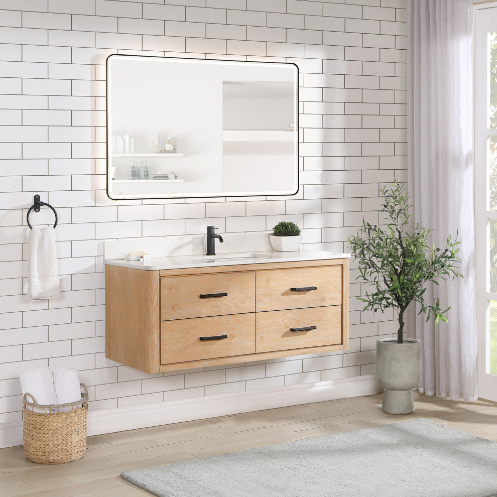Cristo Floating Bath Vanity With Stone Top, Fir Wood Brown, 48in., No Mirror