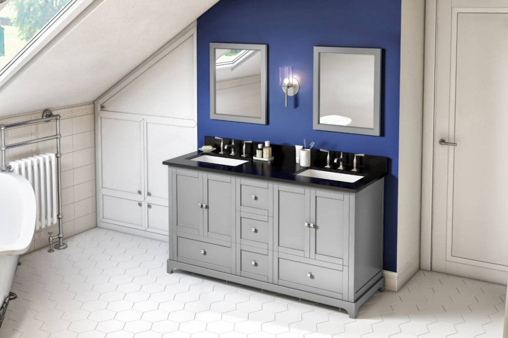 Addington Modern 60" Grey Double Sink Vanity, Black Granite Vanity Top