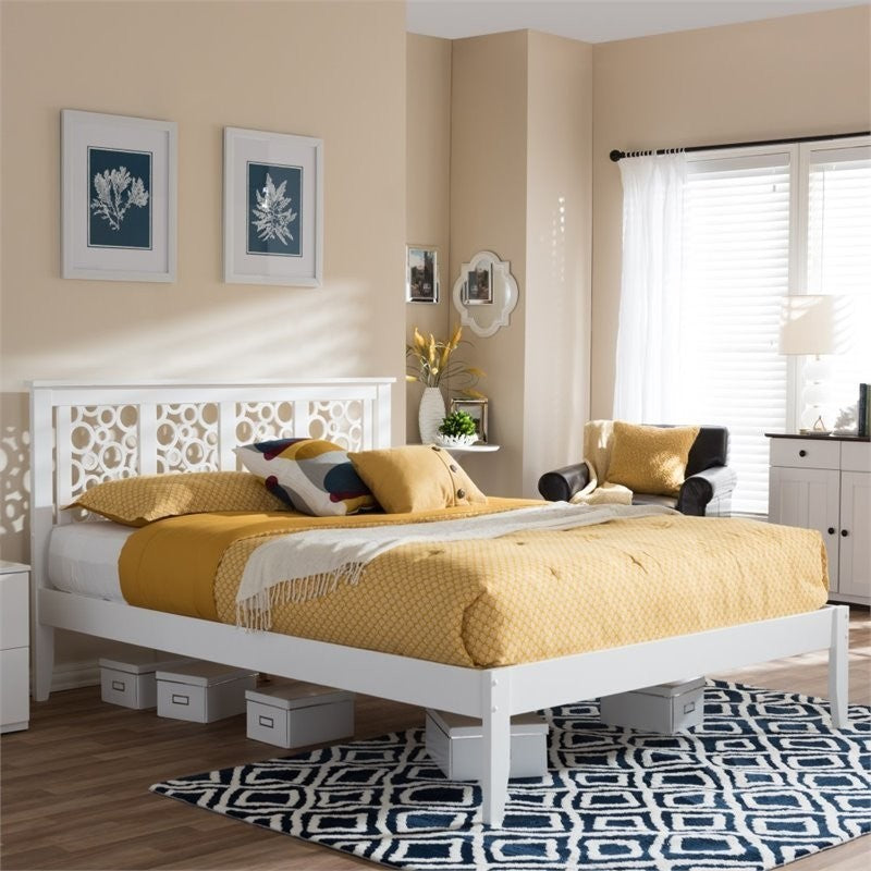 Celine Geometric Pattern White Solid Wood Platform Bed, Queen