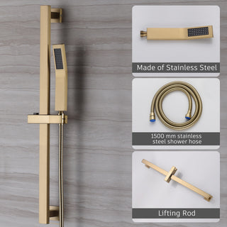 CASAINC 10" Ceiling Mounted Shower System Set w Sliding Handheld Rod, Brushed Gold