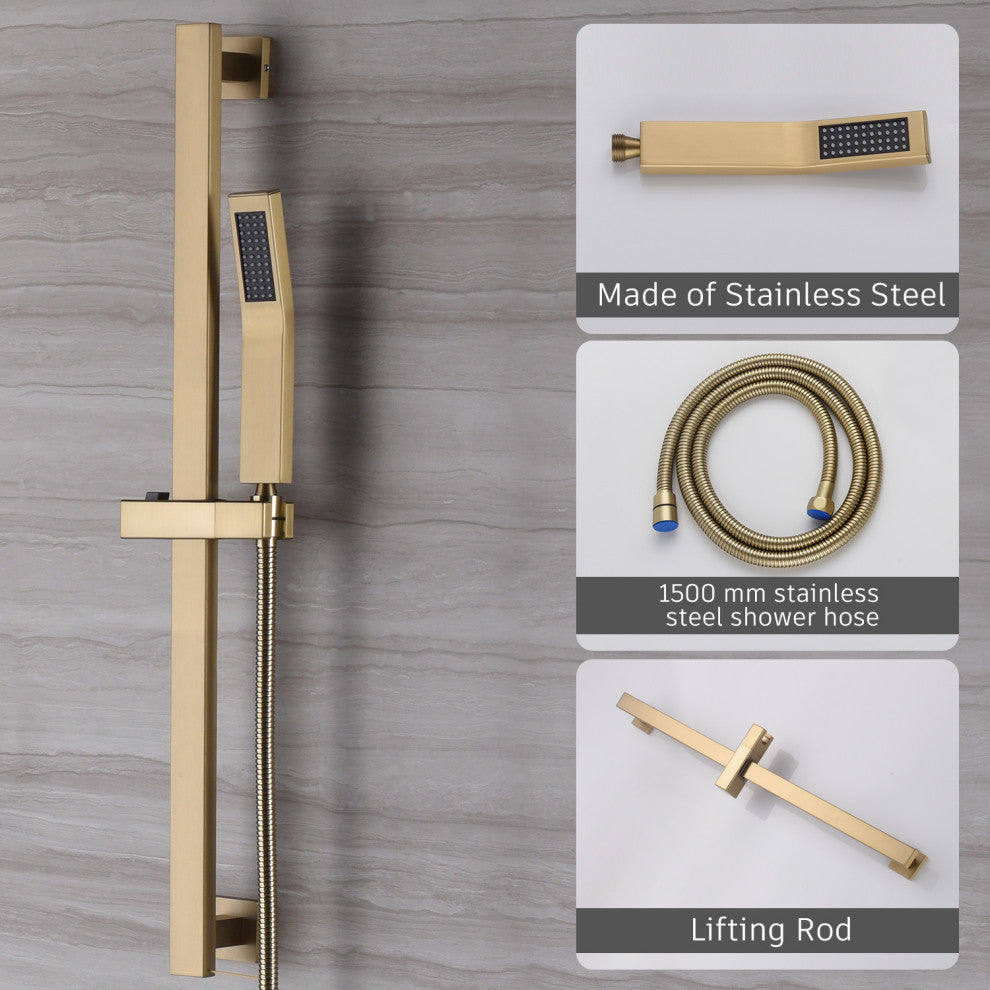 CASAINC 10" Ceiling Mounted Shower System Set w Sliding Handheld Rod, Brushed Gold