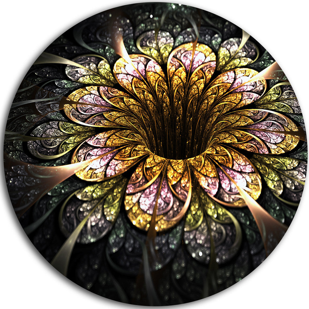 Dark Golden Fractal Flower Digital Art, Floral Round Metal Artwork, 23"