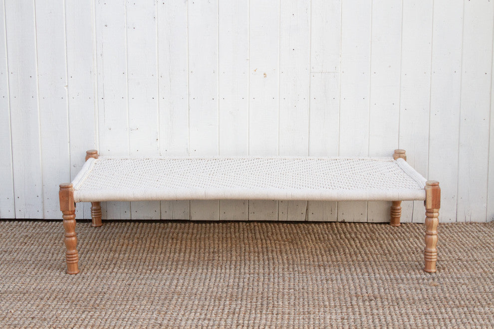 Bleached Wood and White Woven Charpai Coffee Table