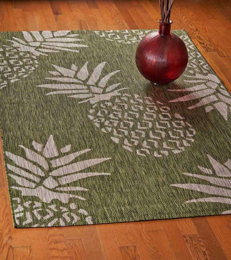5' X 7' Green Floral Indoor Outdoor Area Rug