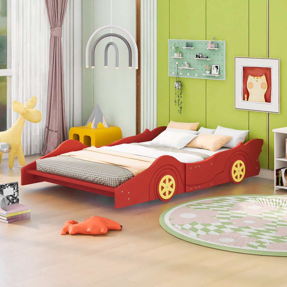 Gewnee Wood Full Size Car Shaped Platform Bed with Wheels for Kids in Red