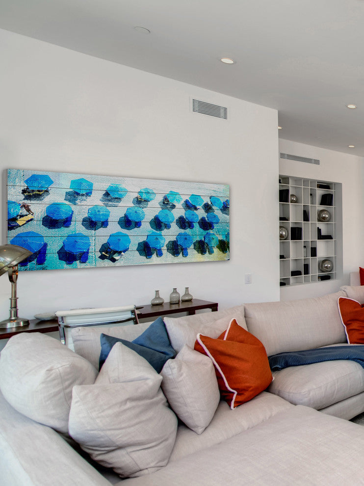 "Umbrellas Blue" Painting Print on White Wood, 60"x20"