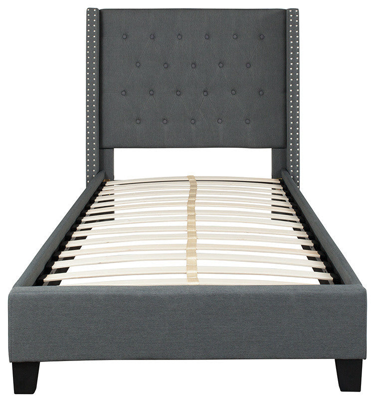 Riverdale Twin Size Tufted Upholstered Platform Bed in Dark Gray Fabric