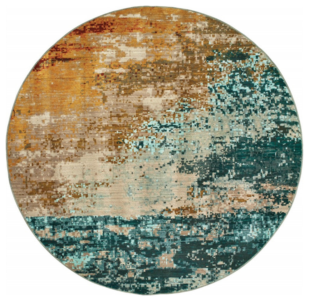 8??Round Blue And Red Distressed Area Rug