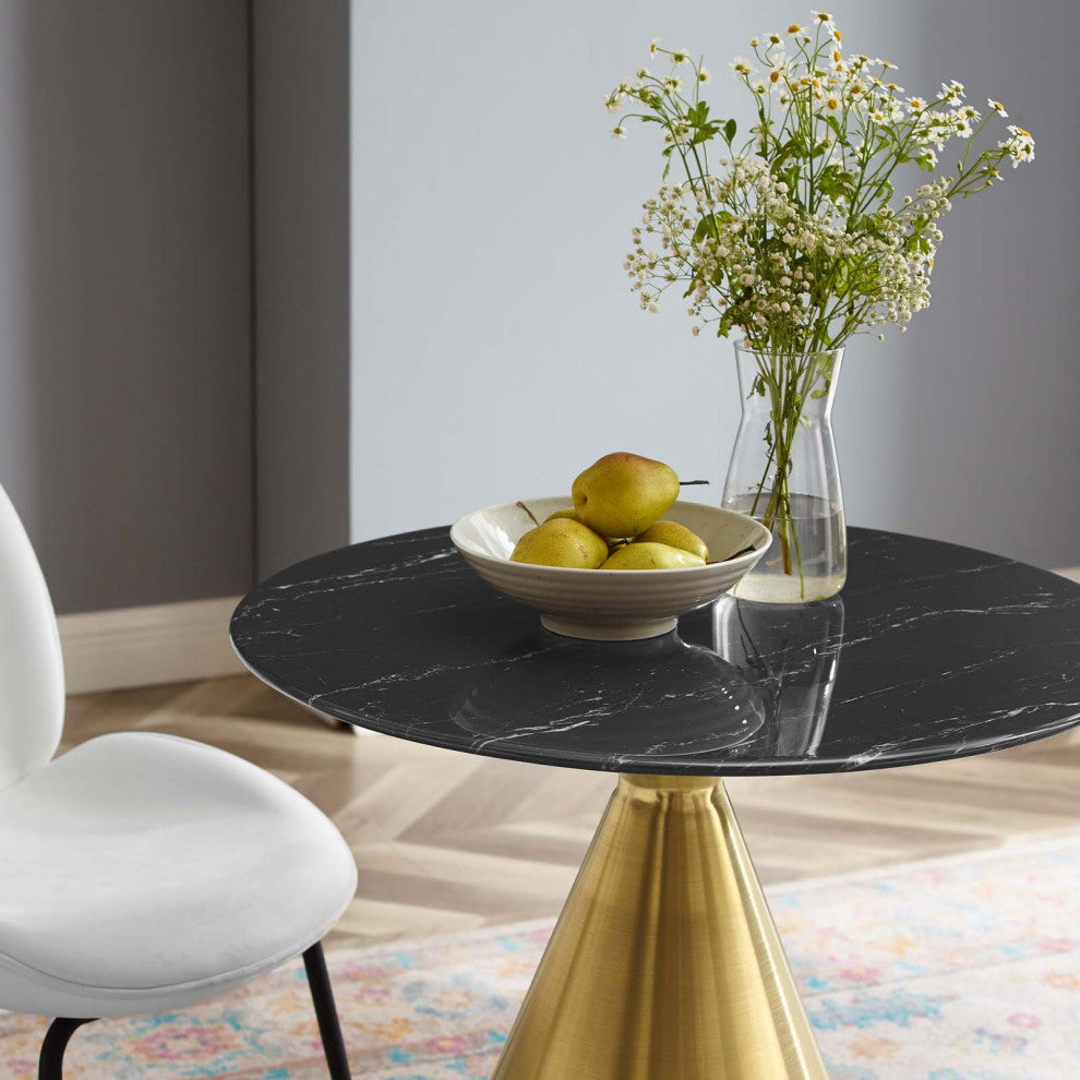 Dining Table, Round, Artificial Marble, Metal, Gold Black, Modern, Cafe Bistro