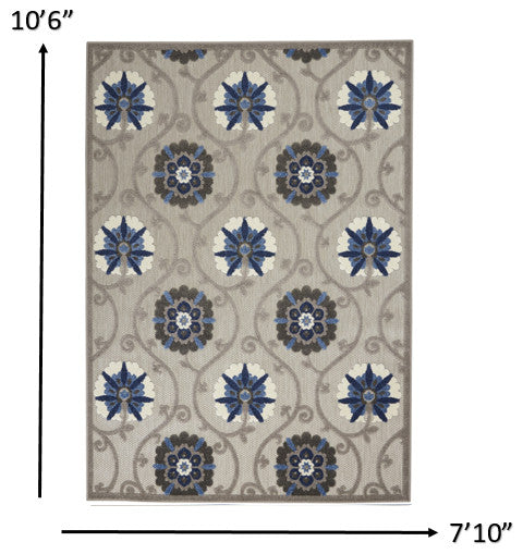 8' X 11' Blue And Gray Floral Indoor Outdoor Area Rug