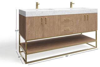 Bahia Bath Vanity, Oak, 60", Brushed Gold Hardware, Double, Freestanding