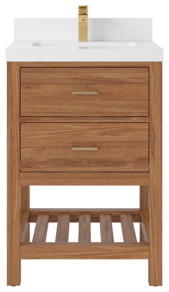 Parker Teak 24" Single Sink Bath Vanity in Golden Teak  2" White Quartz