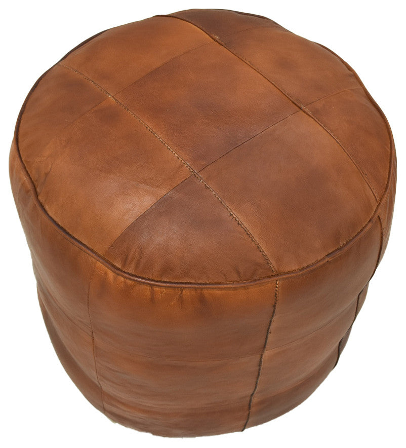 Geometric Handmade Leather Pouf, Recycled Foam With Fiber Fill, Cognac Color, Round, 16x16x16