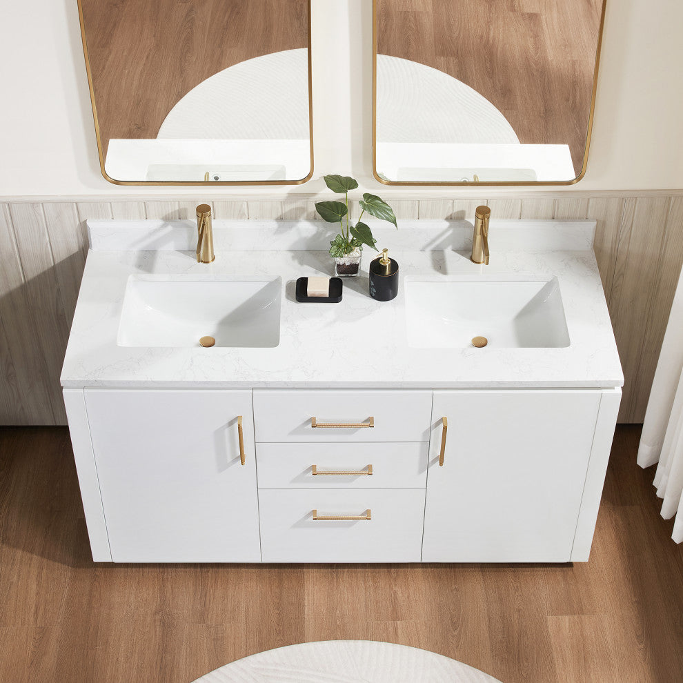 San Bath Vanity with Stone Top, White, 60" Double Sink, Double Vanity, No Mirror