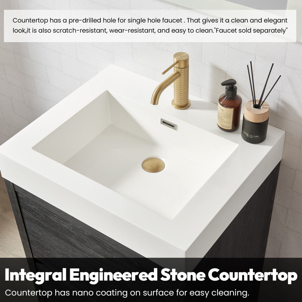 Huesca Bath Vanity, Integrated Sink Top, North American Black Oak, 24", Without Mirror