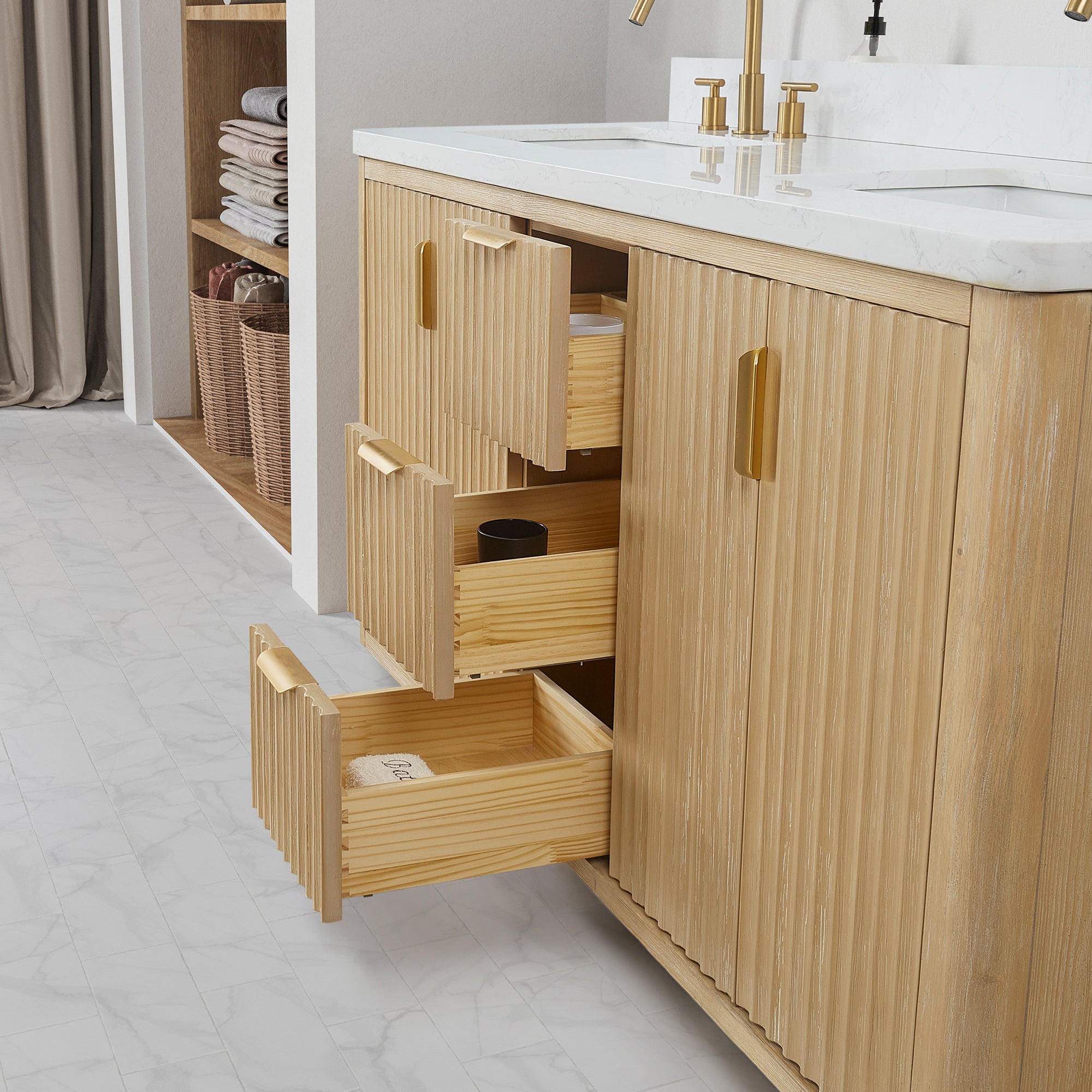 Cadiz Bath Vanity, Composite Stone Top, Washed Ash Grey, 60" Double Sink, No Mirror