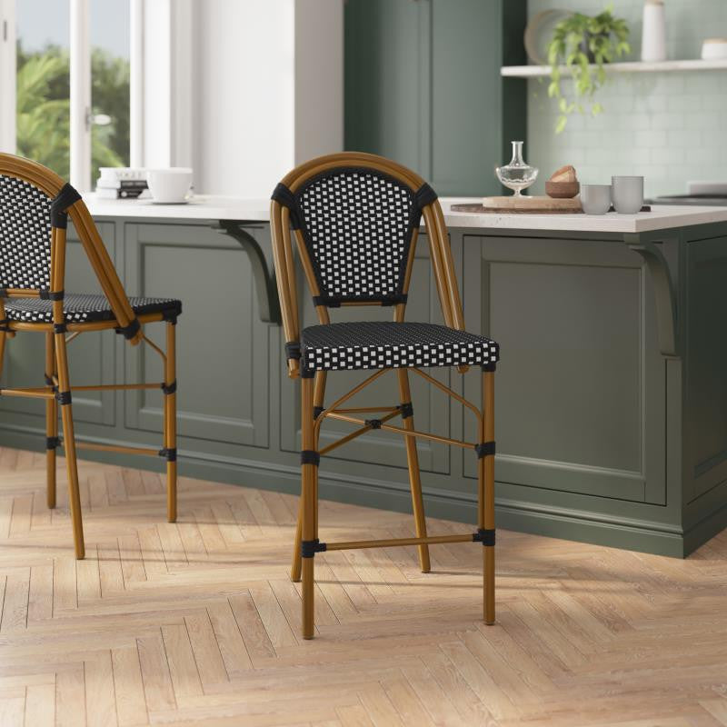 Set of 2 Stackable Indoor/Outdoor French Bistro 26" High Bar Stools, Black & White/Natural Frame