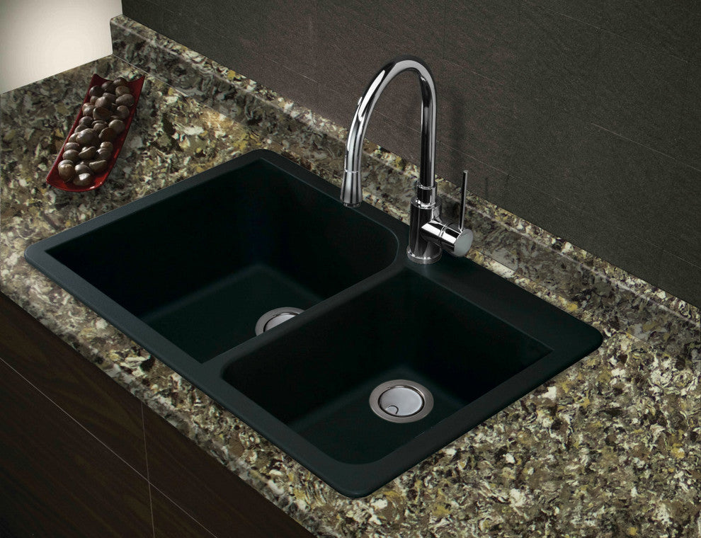 Radius 33" silQ Granite Double Bowl Kitchen Sink with 1 Hole in Black