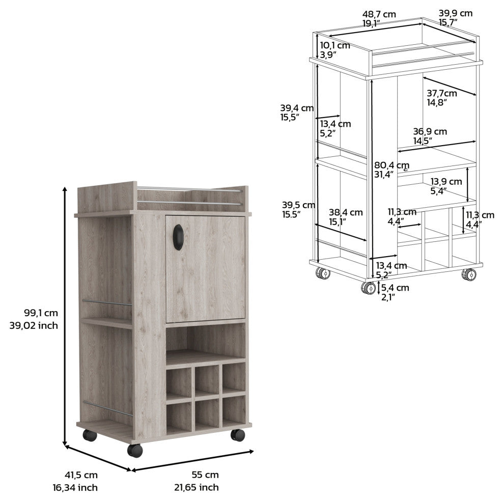 DEPOT E-SHOP Fraser Bar Cart with 6 Built-in Wine Racks and Single-Door Cabinet